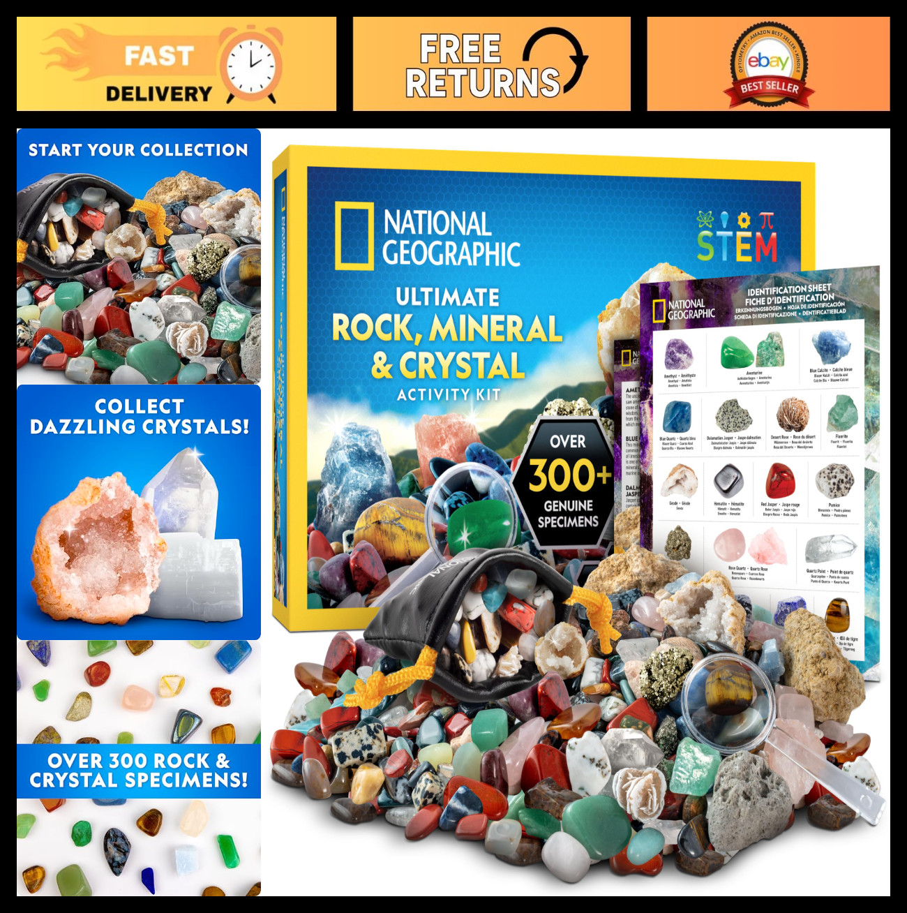 300+ Piece Rock Collection Box for Kids – Gemstones, Crystals, Geodes & Minerals