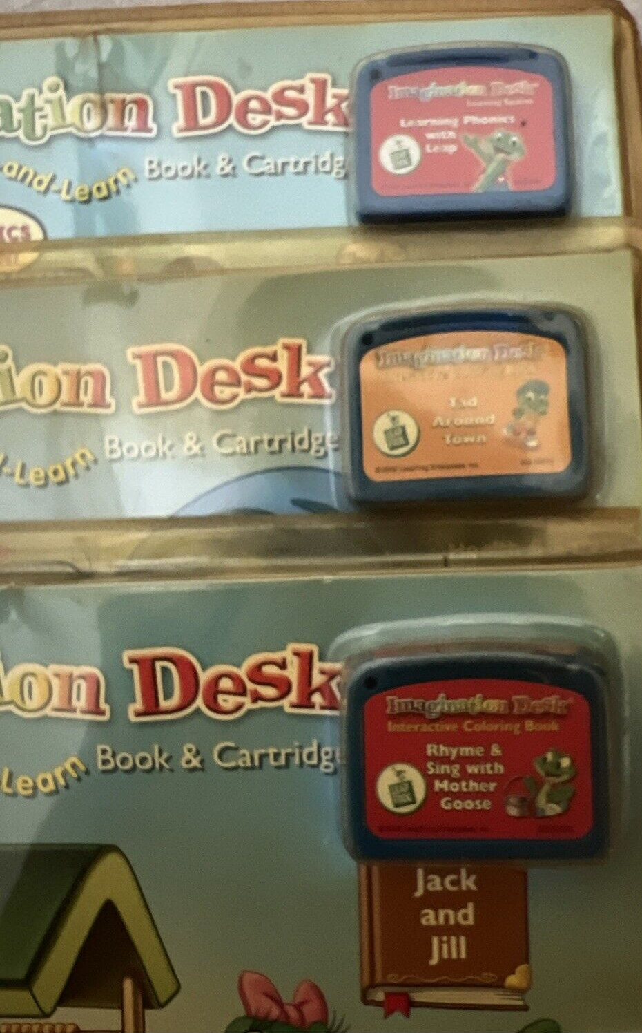3 LeapFrog Imagination Desk Mother Goose Tad Around Town Phonics Book Cartridge
