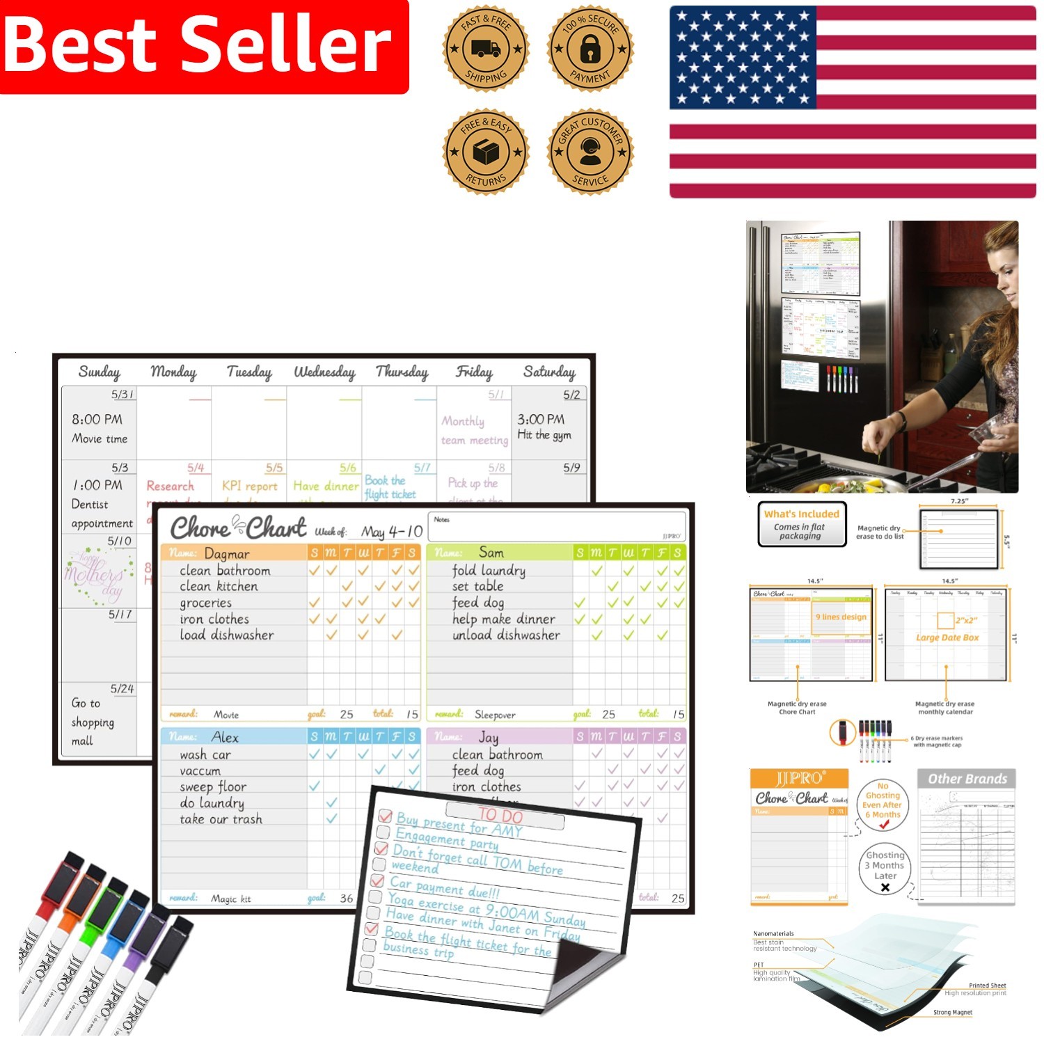 Magnetic Dry Erase Chore Chart Planner Kit Kids Family Fridge Calendar 6 Markers