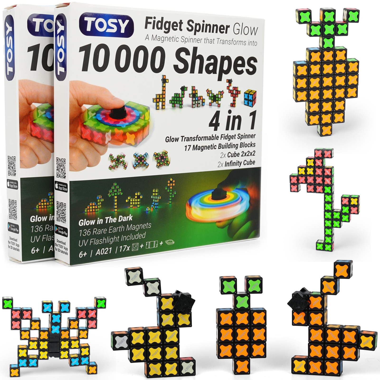 TOSY Magnet Fidget Spinner Glow – 16 Blocks, 3in1 Toy: Transformable Fidget Spin