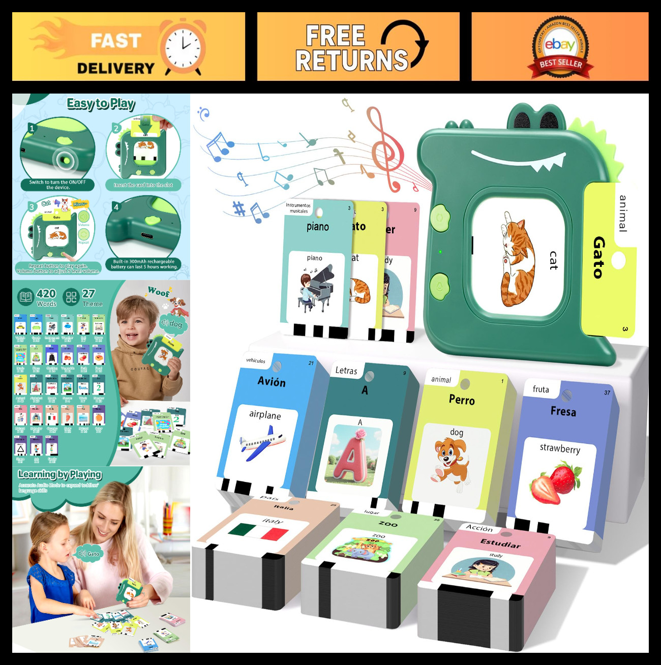 Bilingual Talking Flash Cards – Spanish & English, Montessori Learning Toy for T
