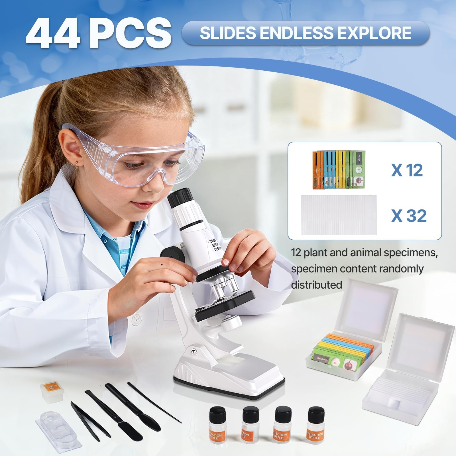 61-Piece Kids Microscope Set – 100X-1200X, LED Light, STEM Science Kit, Educatio