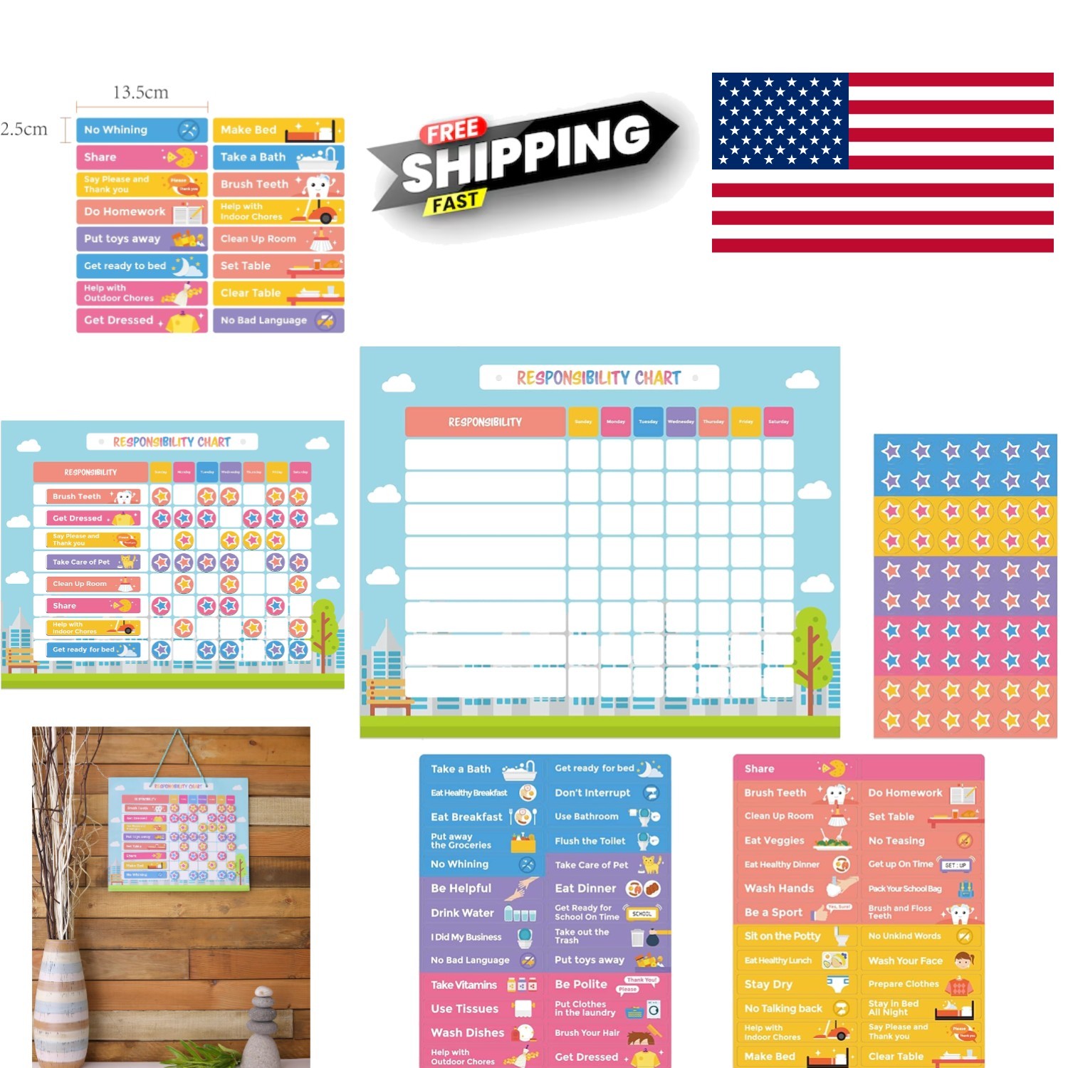 Chore Chart for Kids with 51 Chores and 60 Stars Magnetic Responsibility Chart