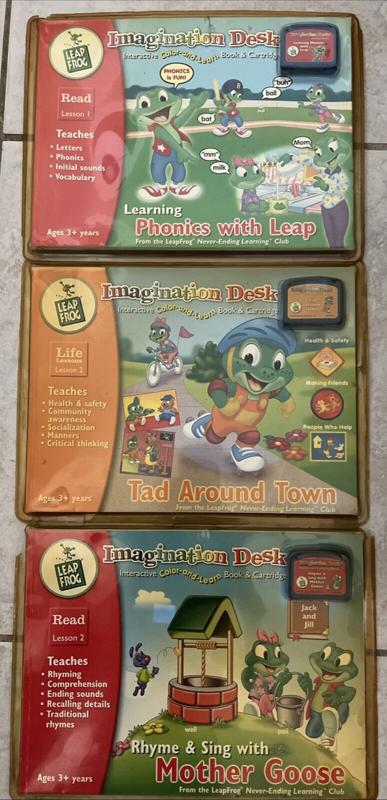 3 LeapFrog Imagination Desk Mother Goose Tad Around Town Phonics Book Cartridge