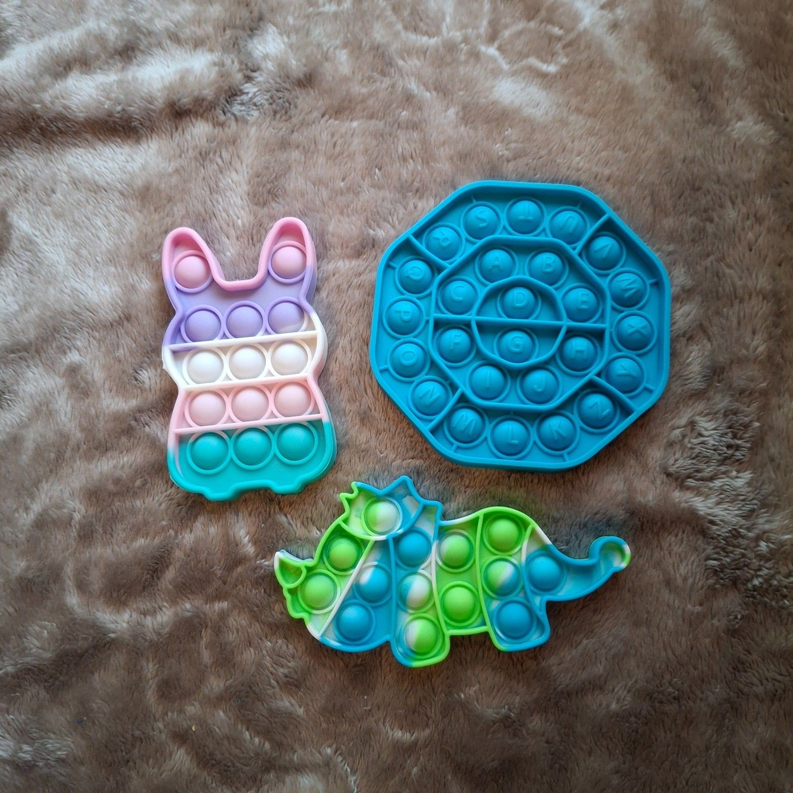 x3 Large Pop-It Fidget Bundle – Blue & Green Dinosaur, Letters, Pink Bunny