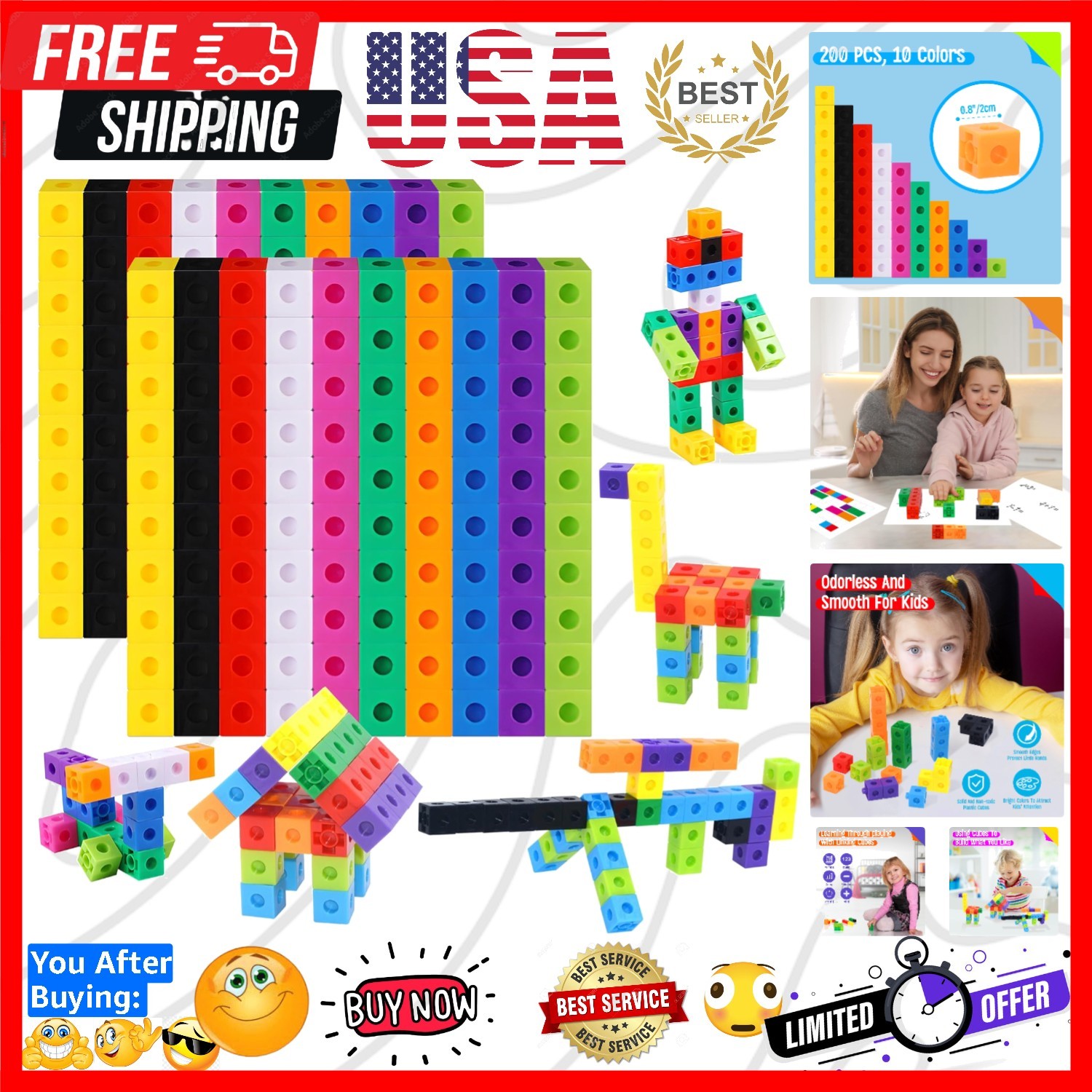 200PCS Math Linking Cubes, Connecting and Counting Snap Blocks for Early Lear…
