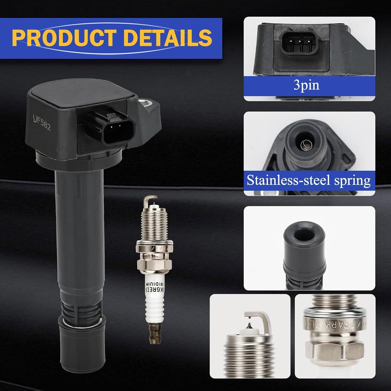 UF582 Ignition Coil & 4504 Double Iridium Spark Plug for 2006-2011 Honda Civic