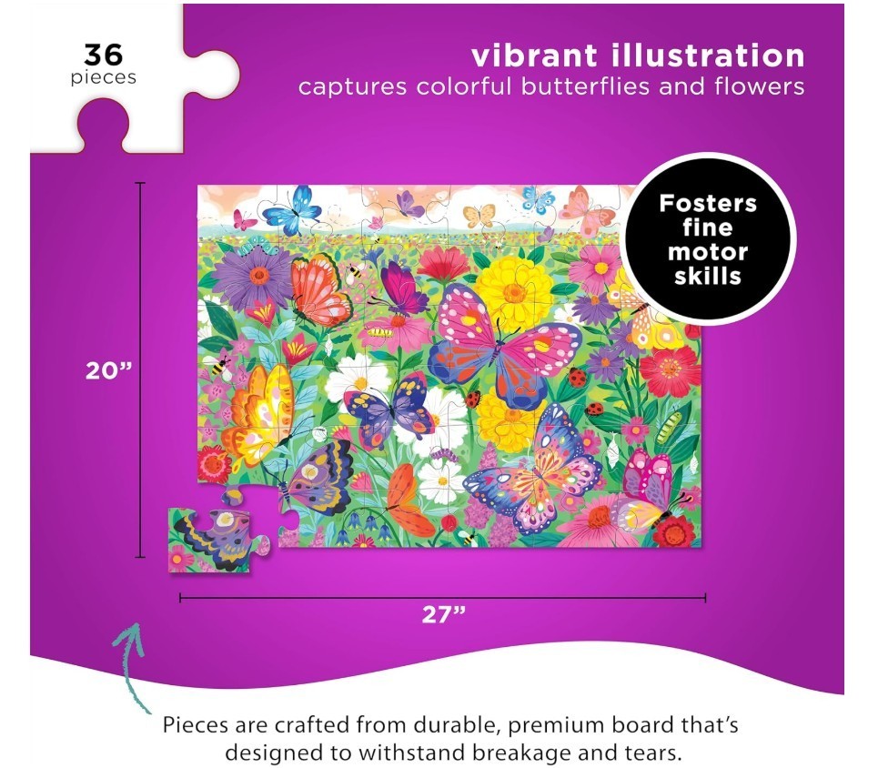 CROCODILE CREEK Butterfly Garden 36pc Large Puzzle Kids Ages 3+ (20″ x 27”) NEW