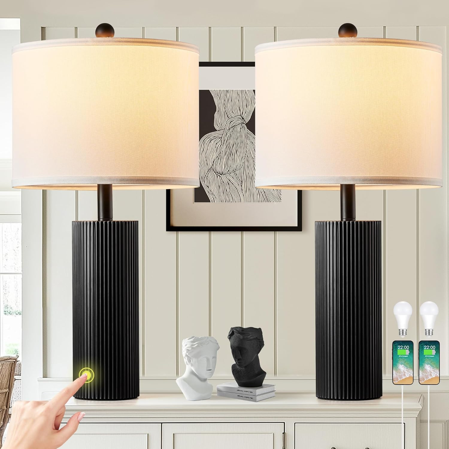 Modern 24.5″ Black Table Lamps Set of 2 with USB Ports and Touch Control