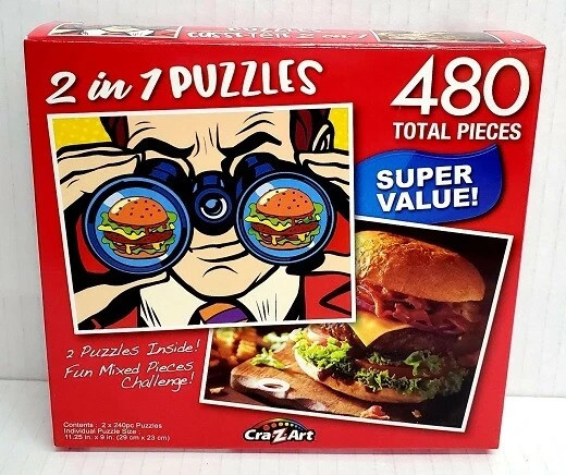 2 IN 1 PUZZLES JIGSAW SET MIXED 480pc CUPCAKES CHEESEBURGER YUMMY STICKERS