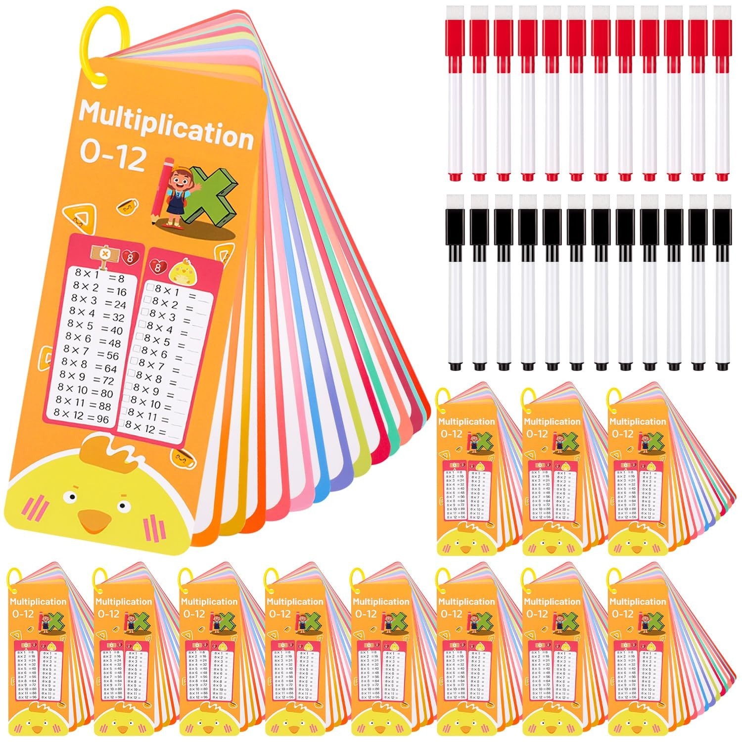 15-Piece Multiplication Flash Cards Set 0-12 + Dry Erase Pens & Rings – Fun Math
