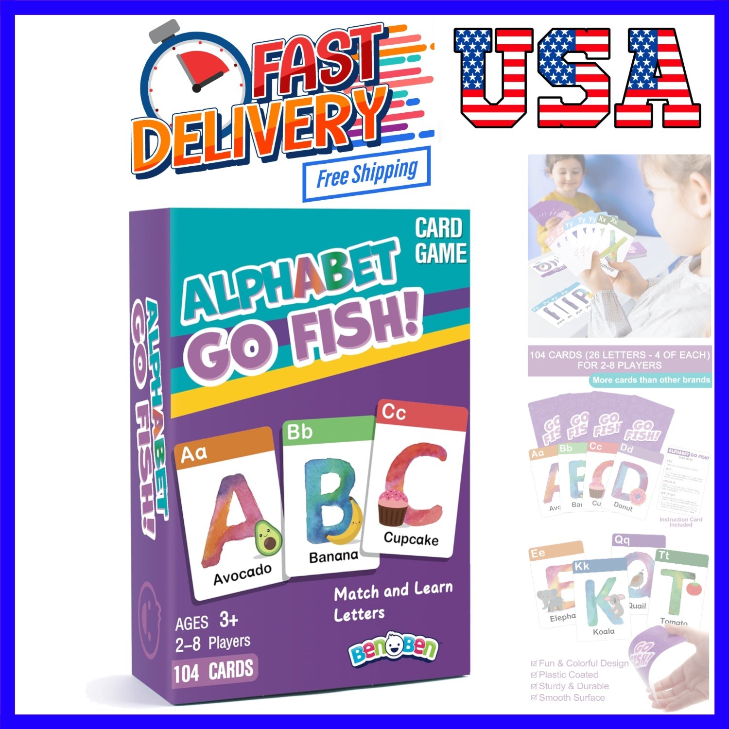 Alphabet Go Fish Card Game for Kids,104 Cards, Oversized ABC Learning Playing…