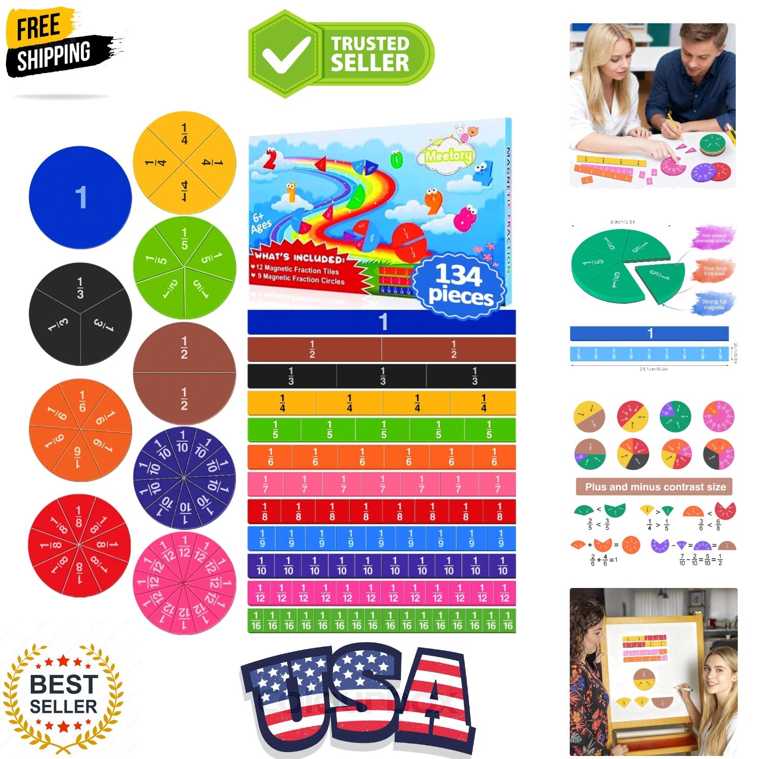 134 Pcs Magnetic Fraction Tiles & Fraction Circles – Math Manipulatives for P…