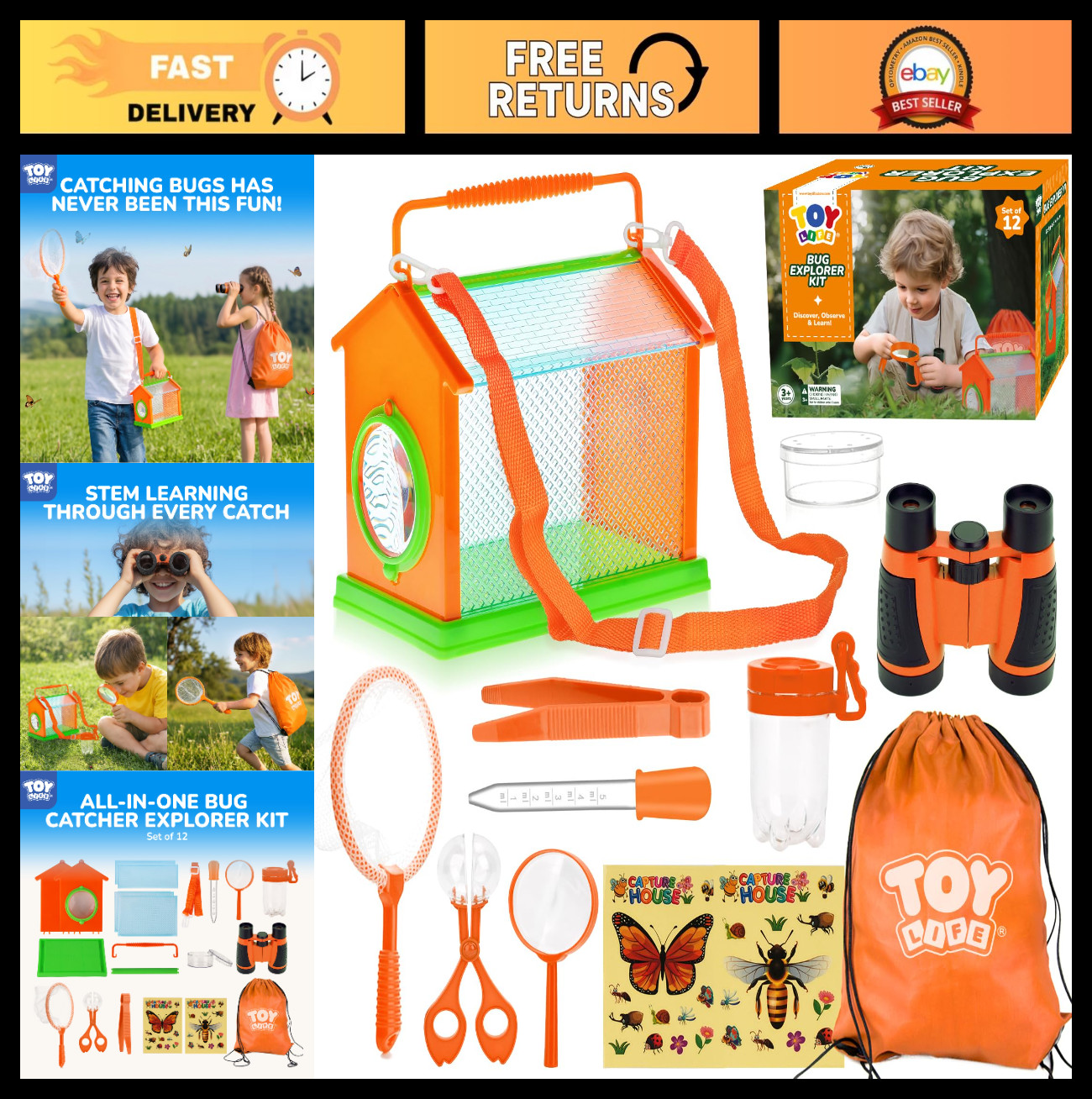Kids Bug Catcher Kit – Explorer Set with Butterfly Net, Tweezers, Magnifying Gla