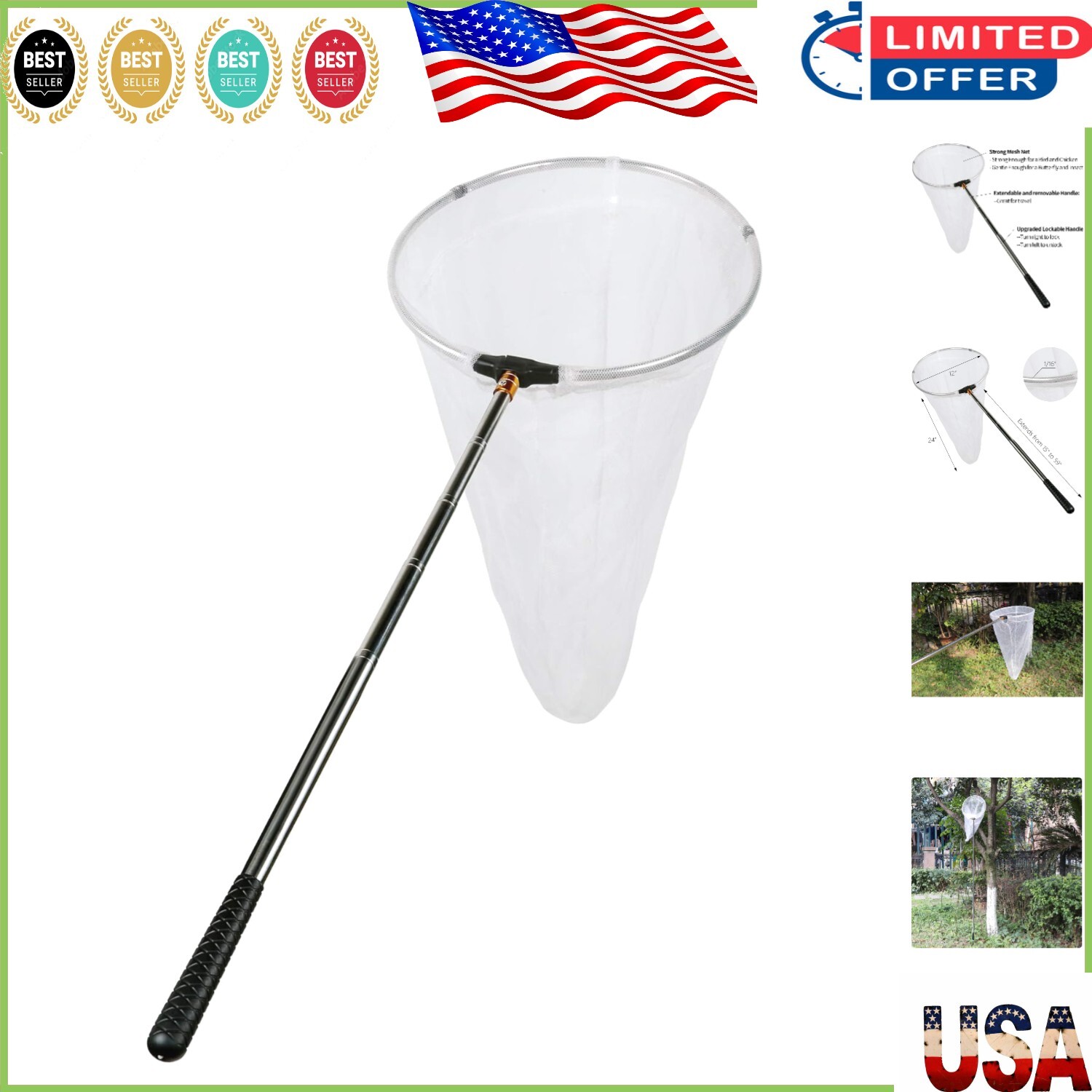 Telescopic Butterfly Net with 24″ Depth and 12″ Ring – Perfect for Collectors