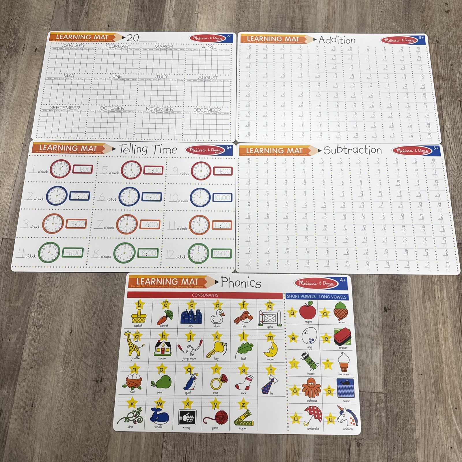 Melissa & Doug Double Sided Learning Mats Lot x5 Time, Phonics, Calendar, + & –