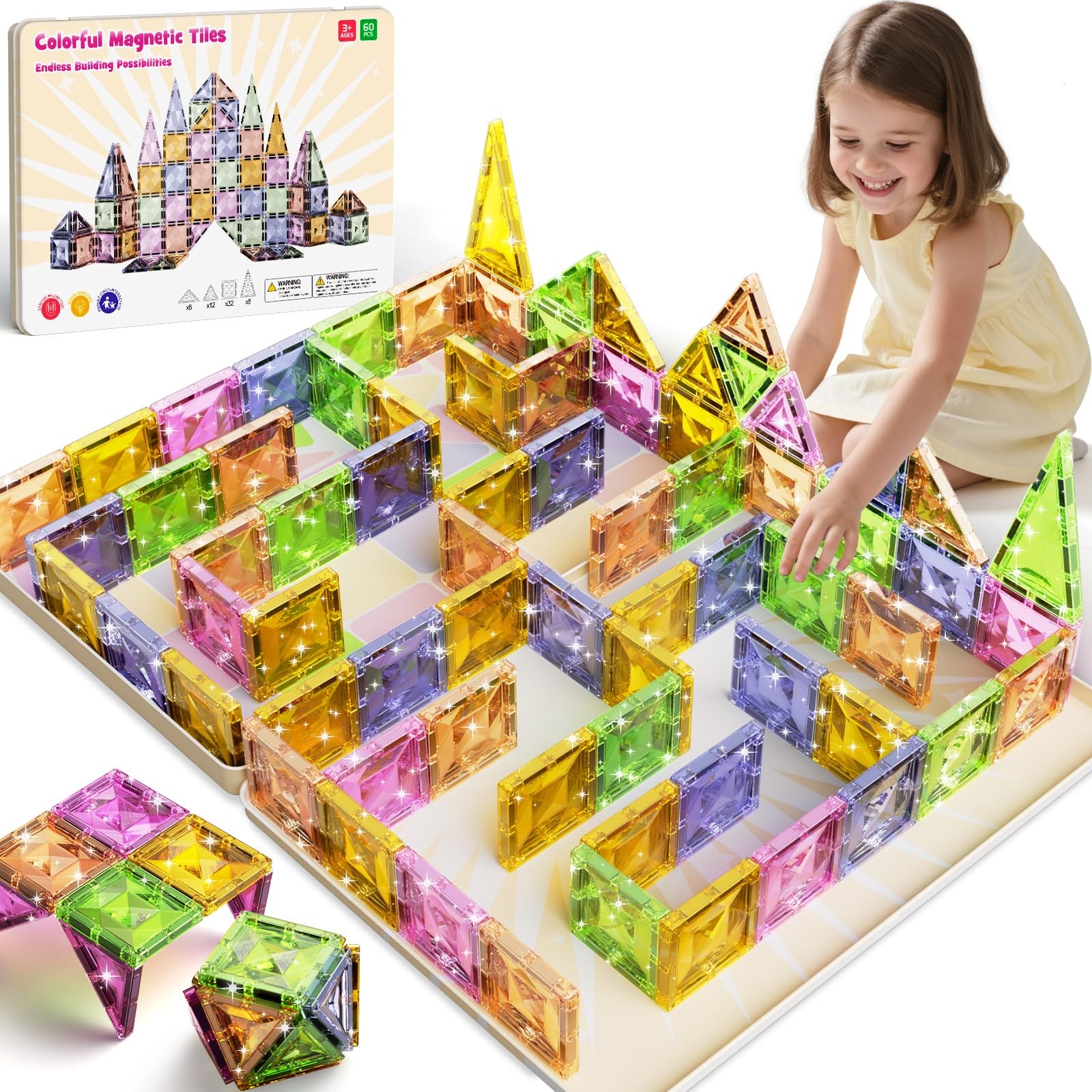 Magnetic Tiles for Kids Ages 4-8, 32X22.8X1.3Cm, Bright and Diverse Color