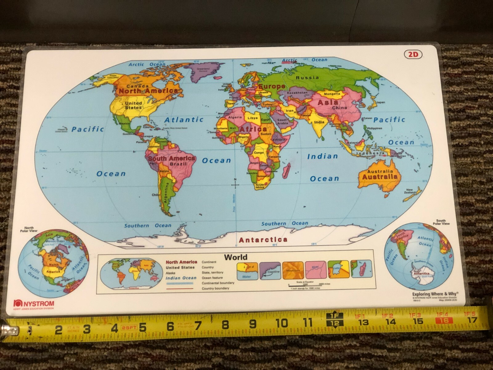 Pristine 17″X11″ Laminated double sided United States 2C & World Map 2D Nystrom