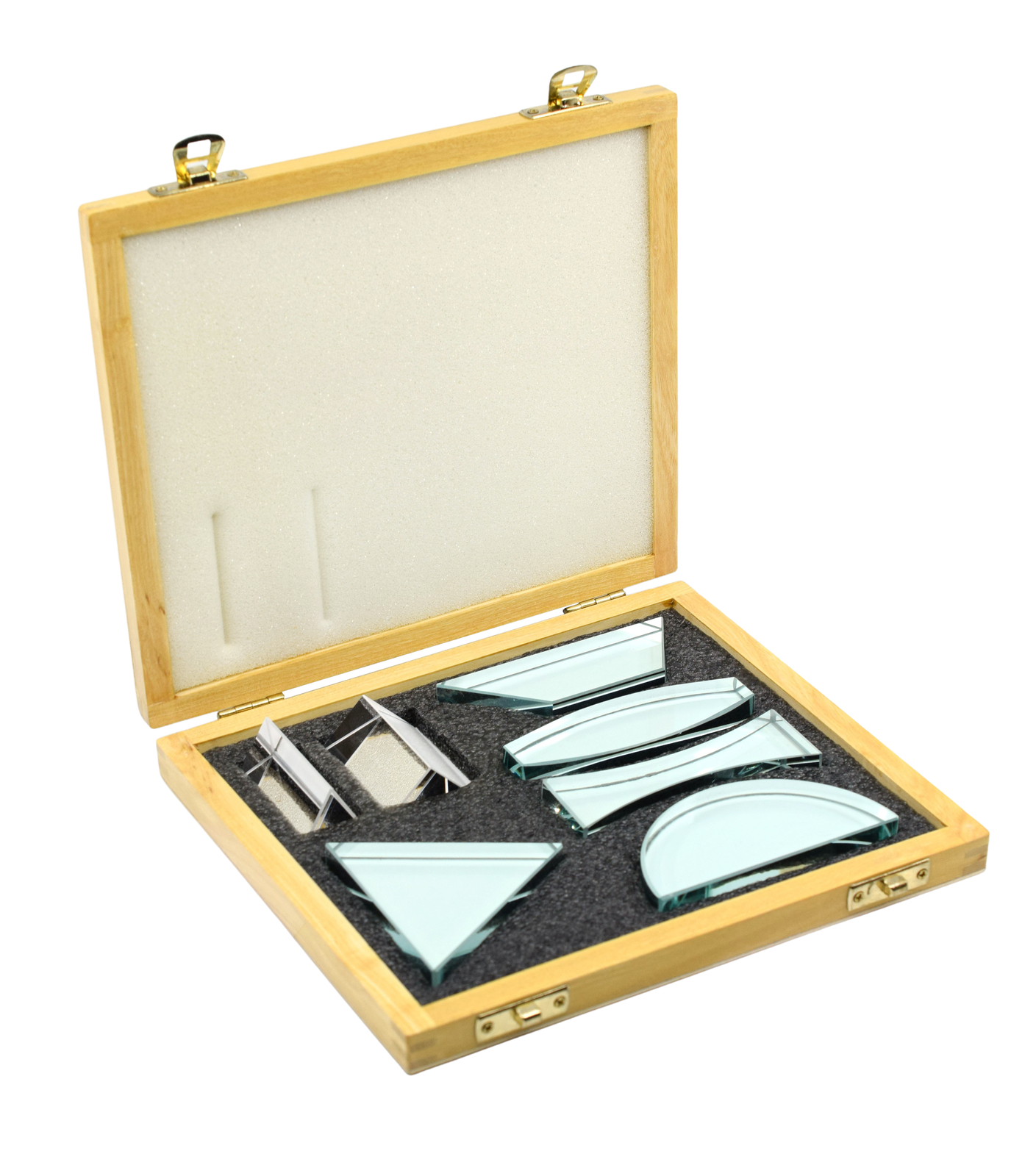 Glass Prisms & Lens Set, 7 Pcs – 13mm Thick – Wooden Storage Box – Eisco Labs