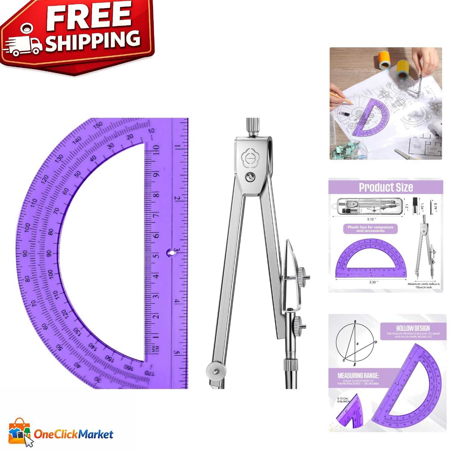 Stainless Steel Compass with 6-Inch Protractor: Precision Math Set in Purple