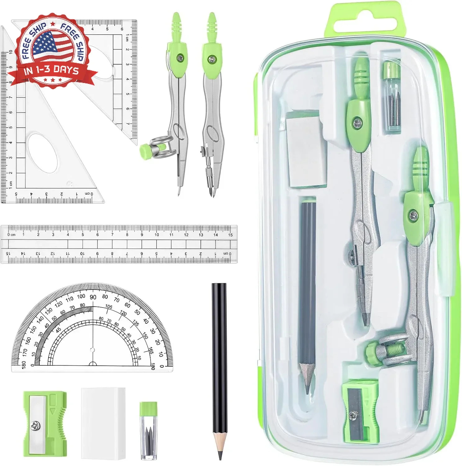 Zonon Math Geometry Set 10 Pcs Student Supplies with Shatterproof Storage Box, I