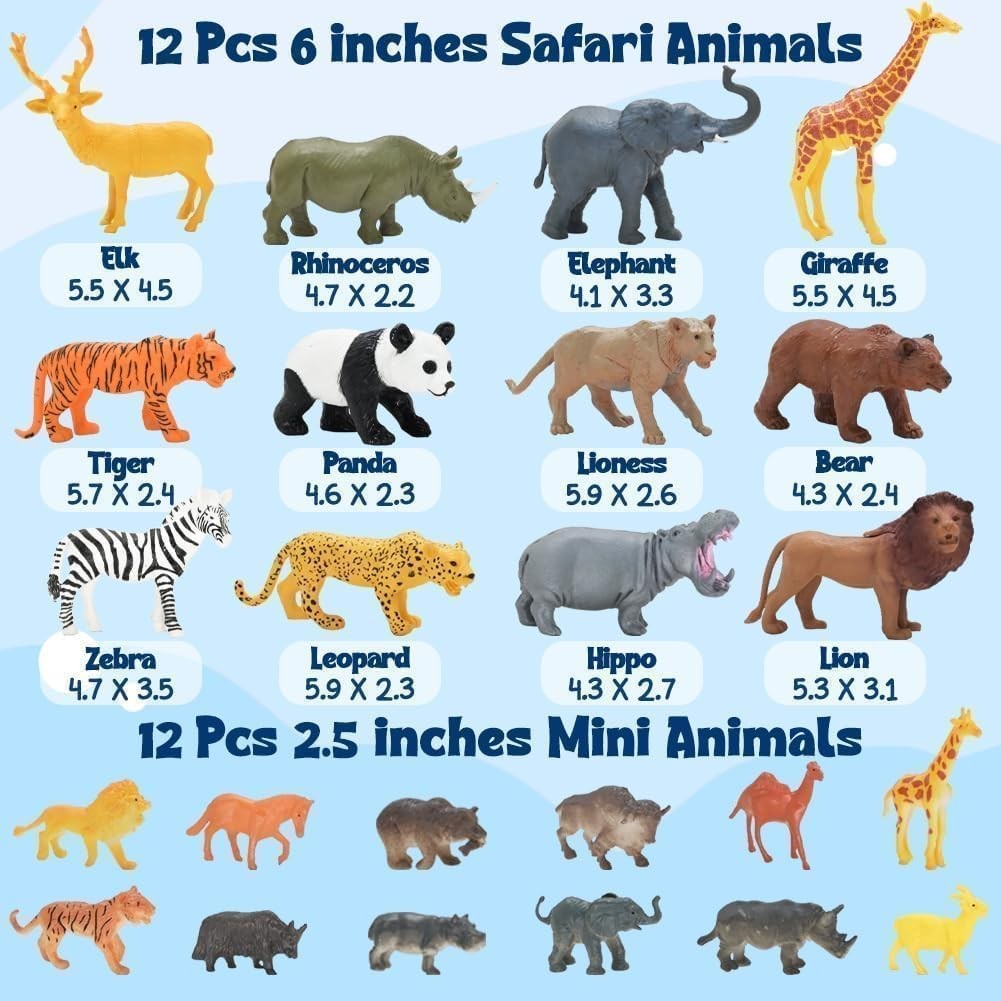 24Pcs Safari & Zoo Animals Figures, Realistic Plastic Animal Toys Set for Kid…