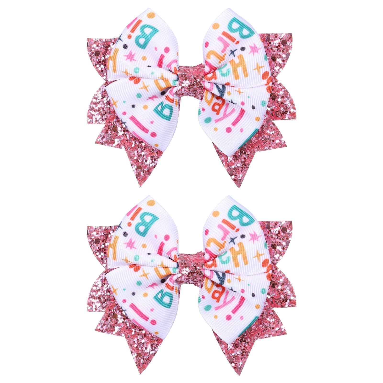 3.5″ Birthday Bow Hair Clips for Girls 1 2 3 4 5 6 Years Glitter Pink Ribbon …