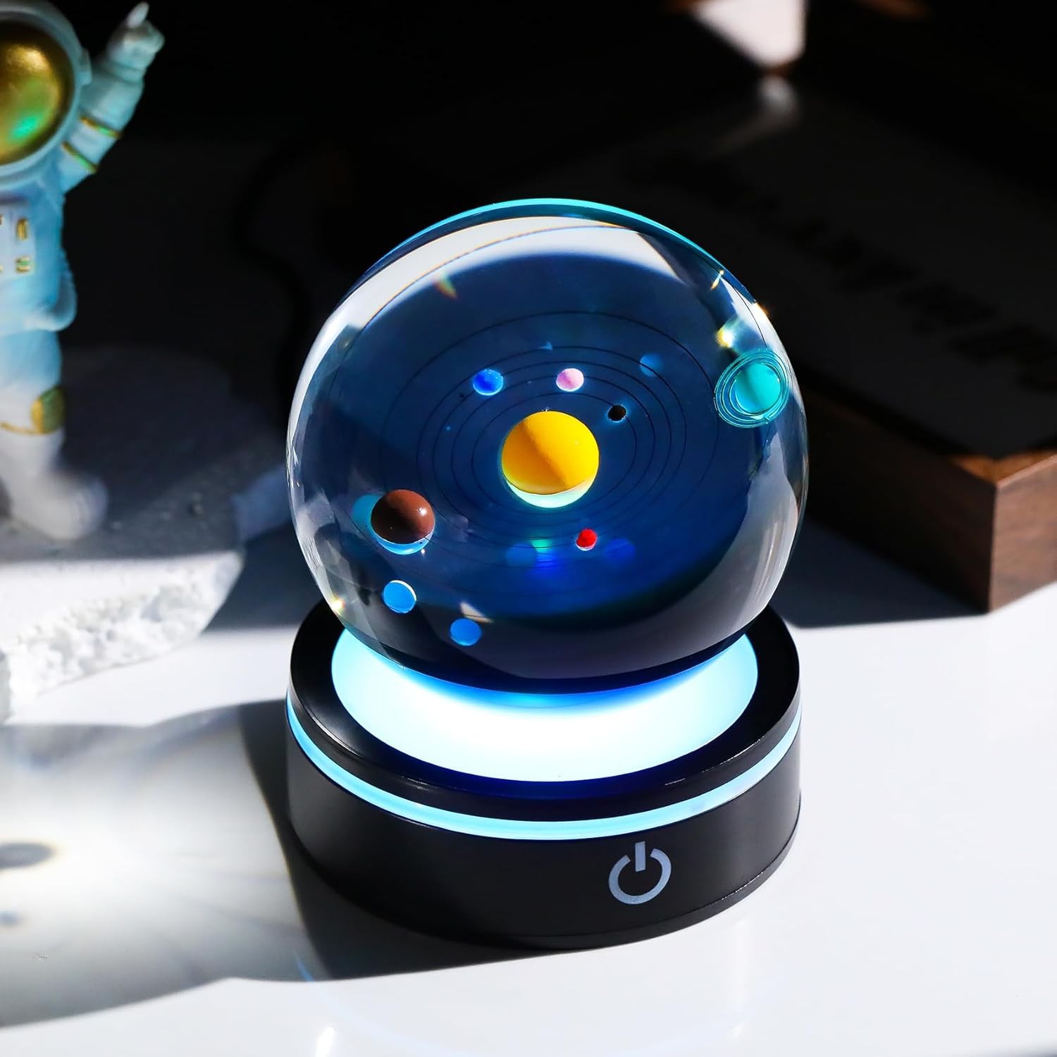 YWHL 3D Solar System Model Crystal Ball 80mm with Light Base, Planet Lamp Model