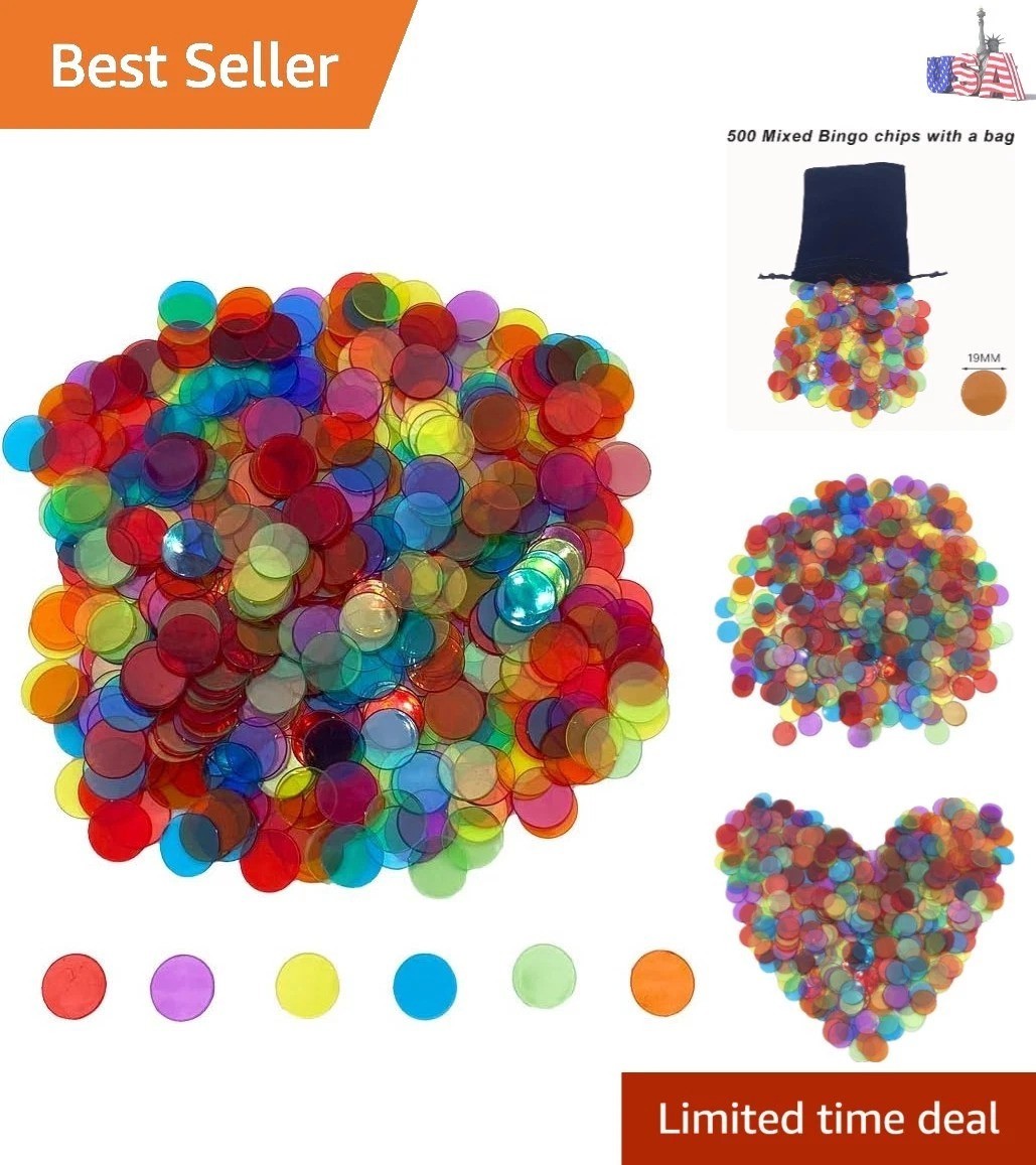 500 Pieces 3/4 inch Transparent 6 Color Bingo Counting Chips with Bag