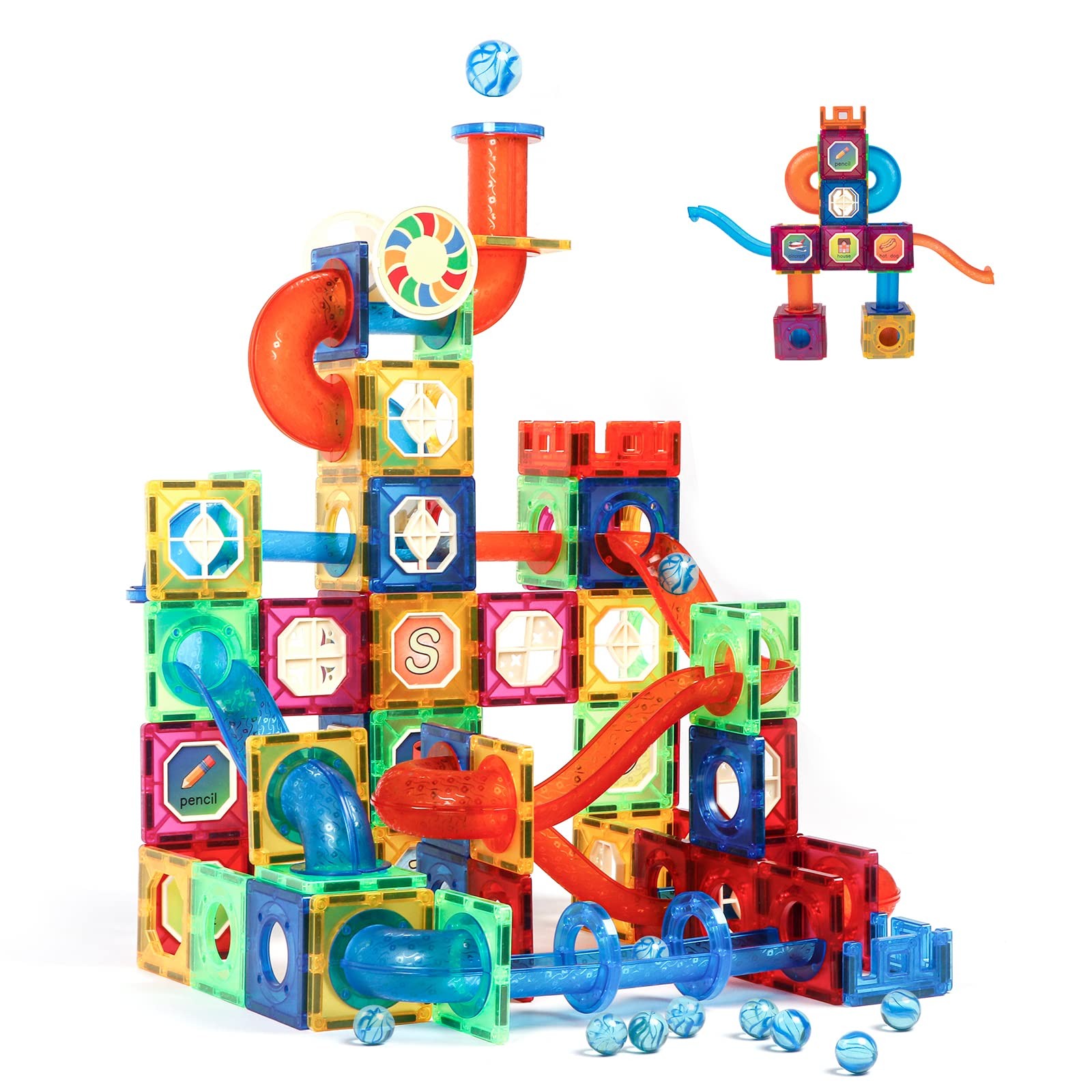 MAGBLOCK 176pcs Magnetic Tiles Marble Run Set with Ball Medium, Multicolor