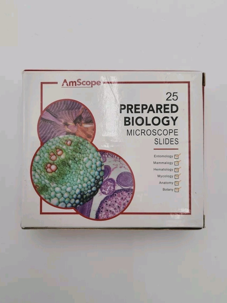 AmScope 25 Prepared Biology Microscope Glass Slides Wooden Box Biology ISO 9001