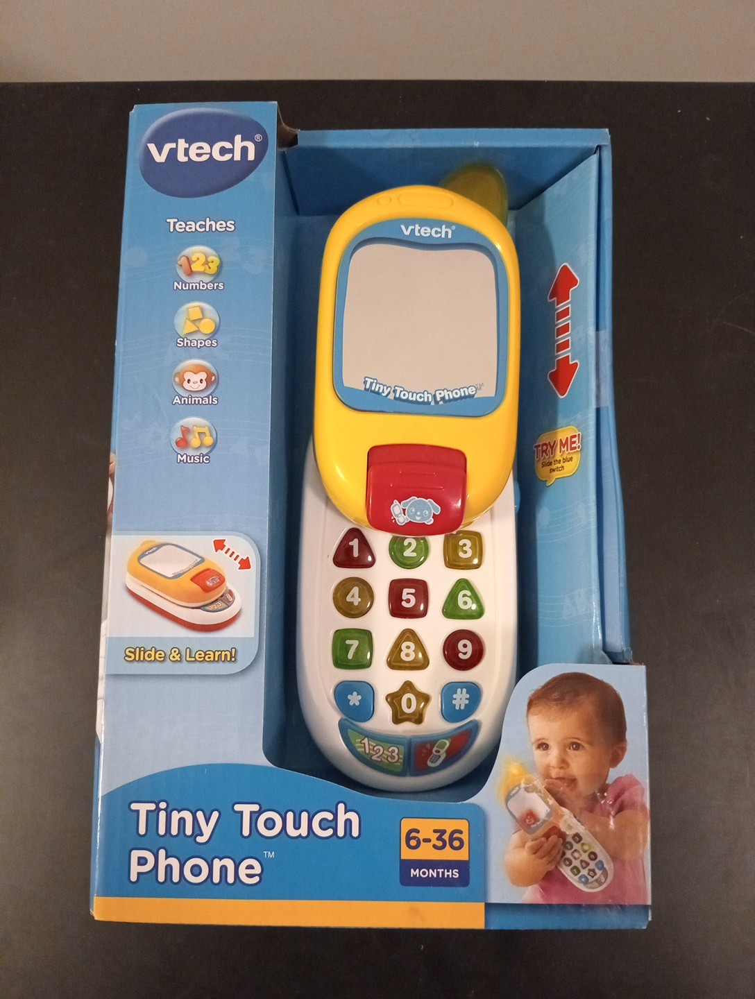 VTech Tiny Touch Phone-Teaches Numbers Shapes Animals Music-6 To 36 Mnt Nib