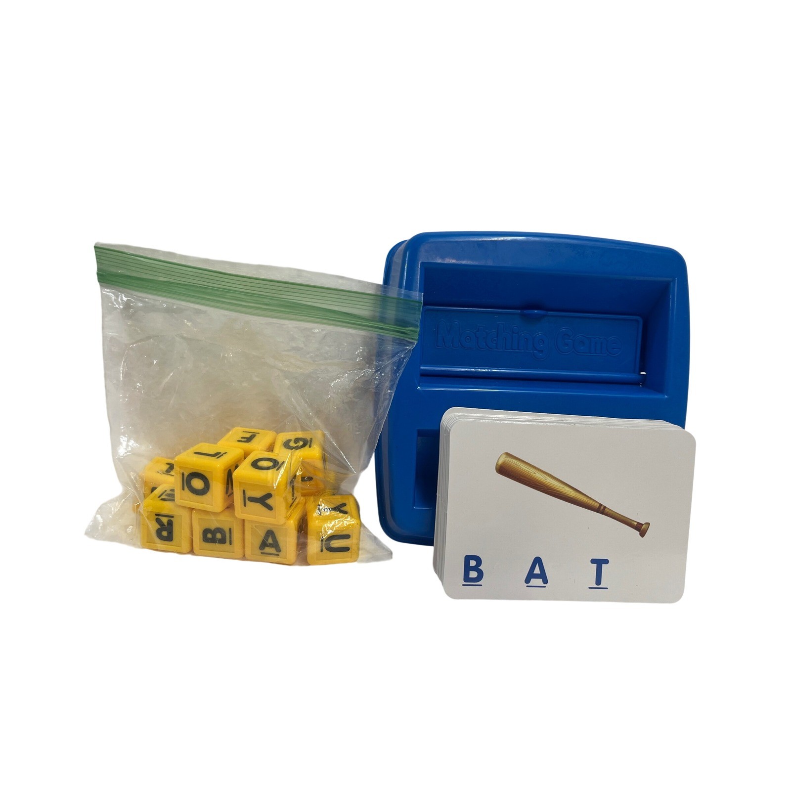 Kids Educational Spelling Matching Game Blue Console Yellow Letter Cubes Cards