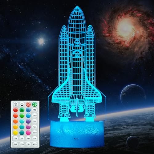 Night Light Gifts, Rocket 3D Illusion Lamp with 16 Colors Space Shuttle