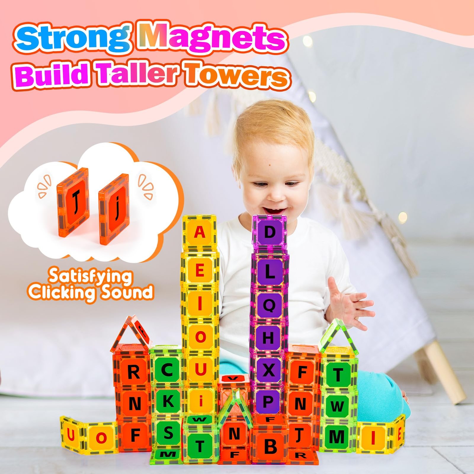 Magnetic Tiles Letters Toys, Alphabet Learning Toys for 48pcs, Colourful