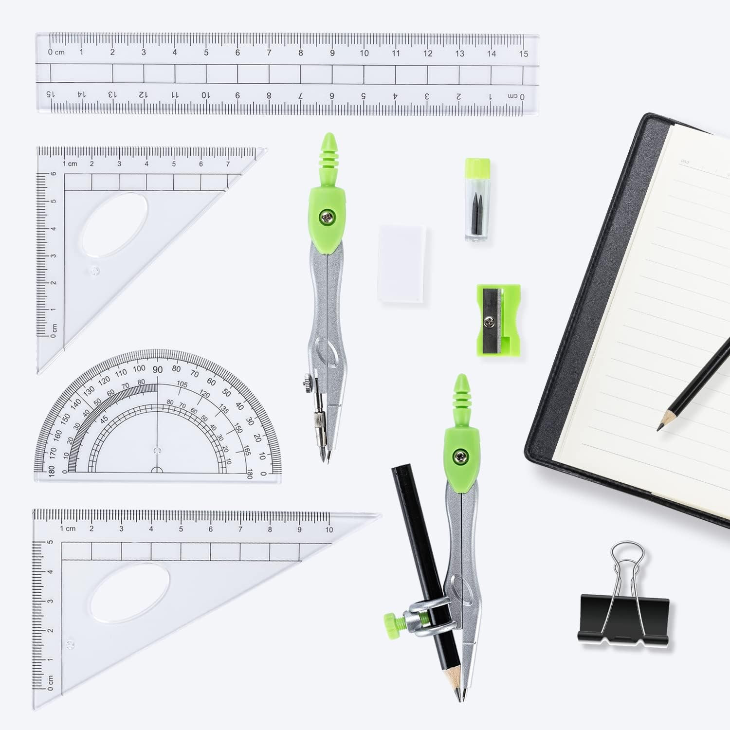 10 Pieces Math Geometry Kit Set with Shatterproof Storage Box, Student Supplies