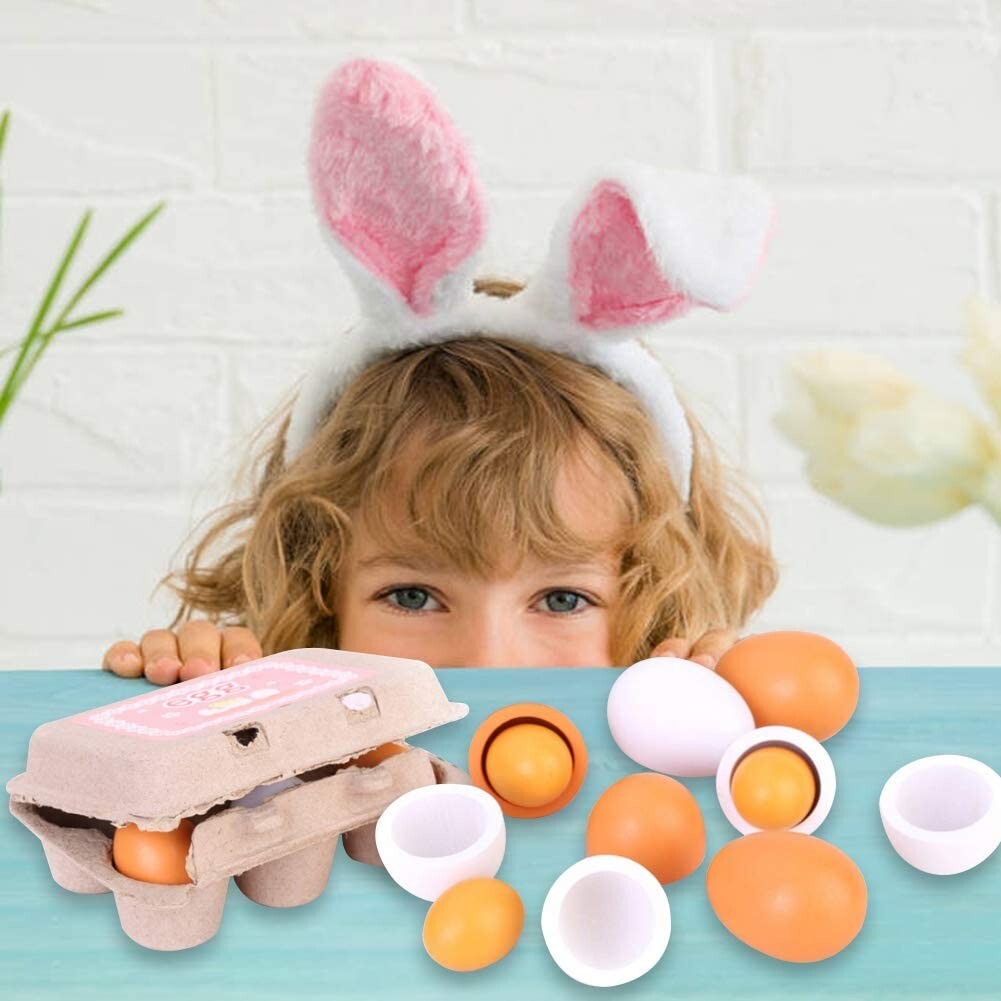 2 PACK Wooden Eggs, 6PCS Easter Egg Toys Wooden Play Food Pretend Play Food Sets
