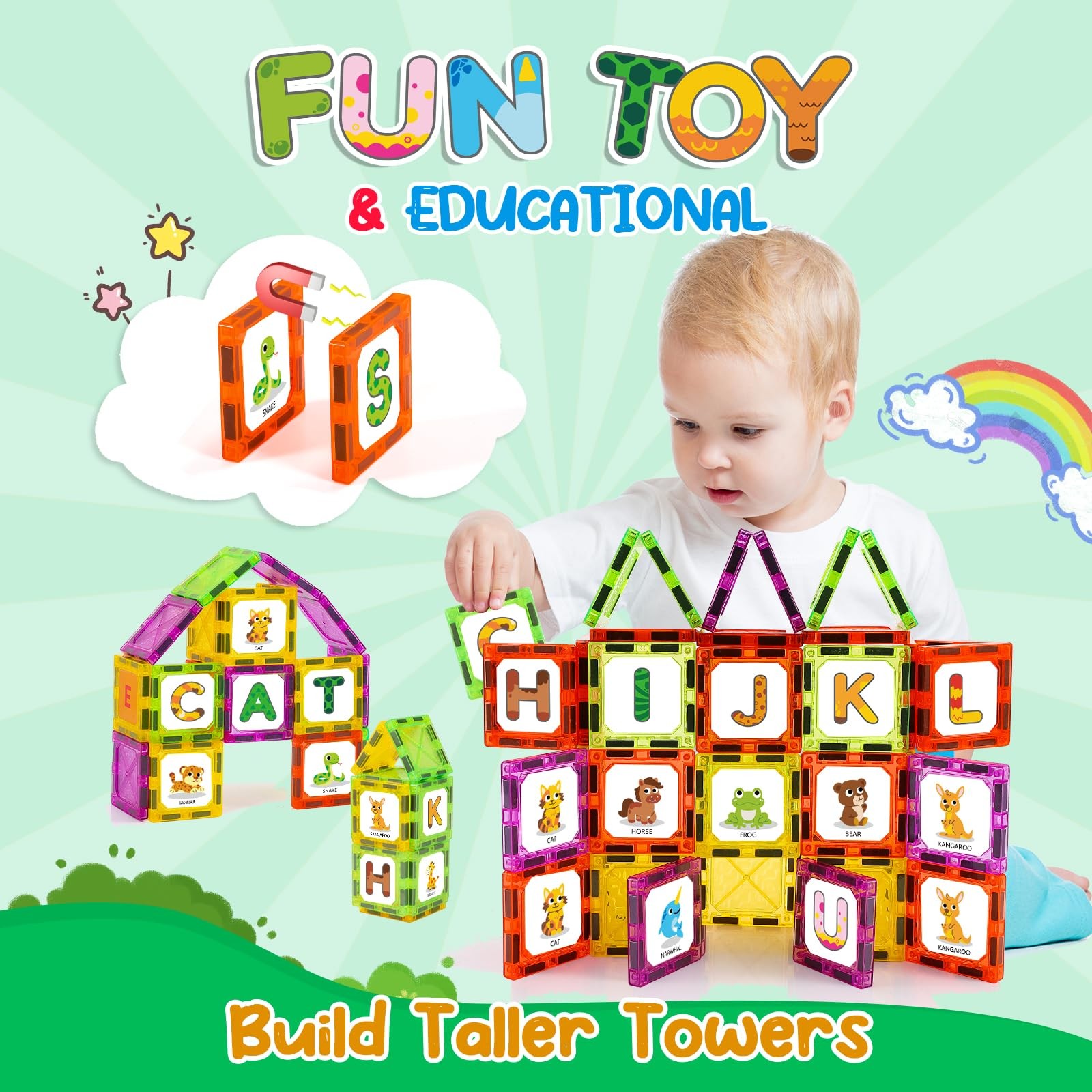 Magnetic Tiles Letters Learning Toys, Animals Alphabet ABC 48pcs, Colourful
