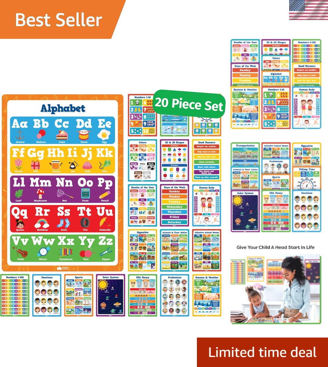 Waterproof Classroom Learning Posters Set for Toddlers – 20 Designs, 16″ x 11″