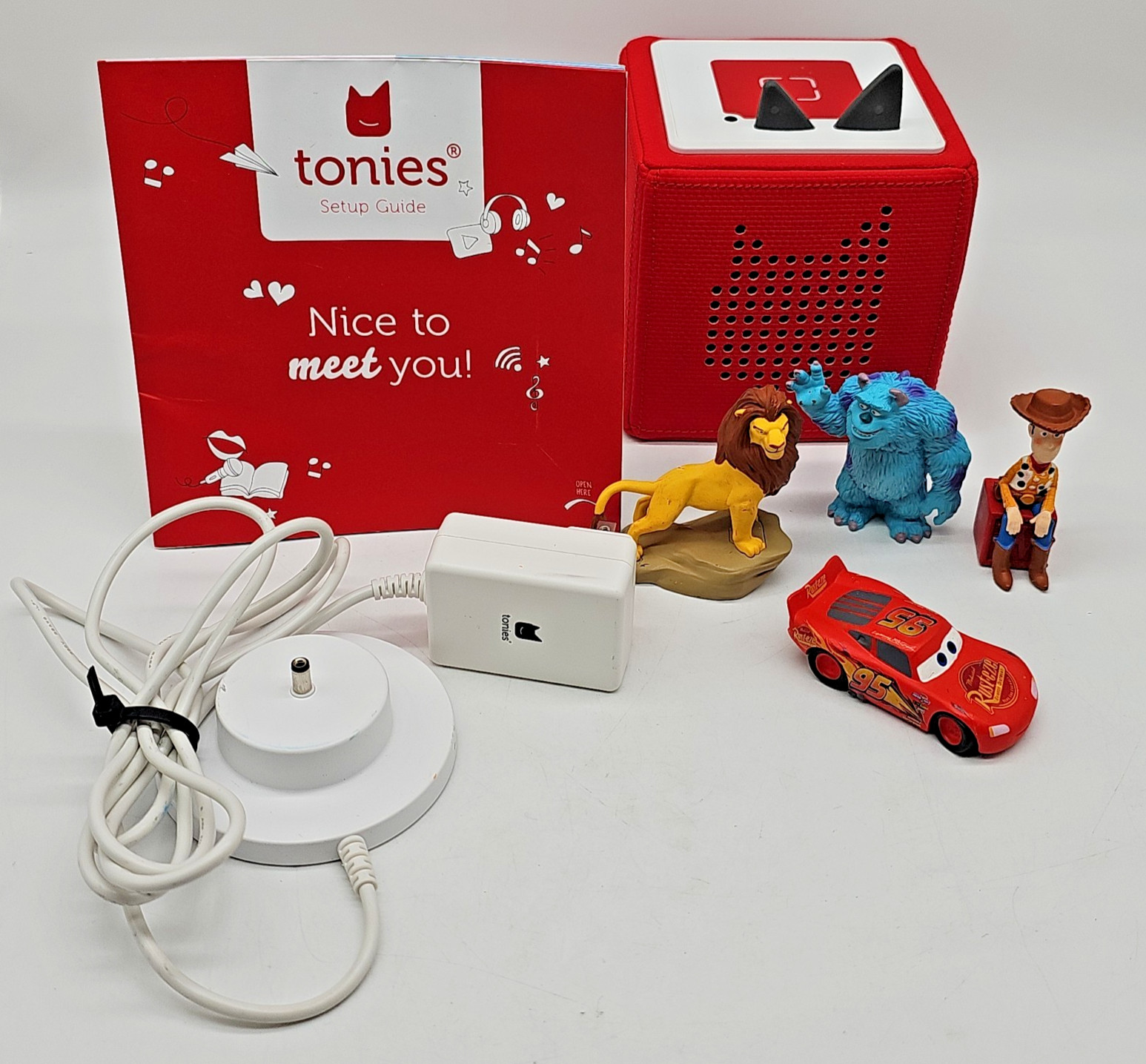 Red TONIES Box 4 Characters Woody Sully Simba Lightning McQueen Manual Adapter