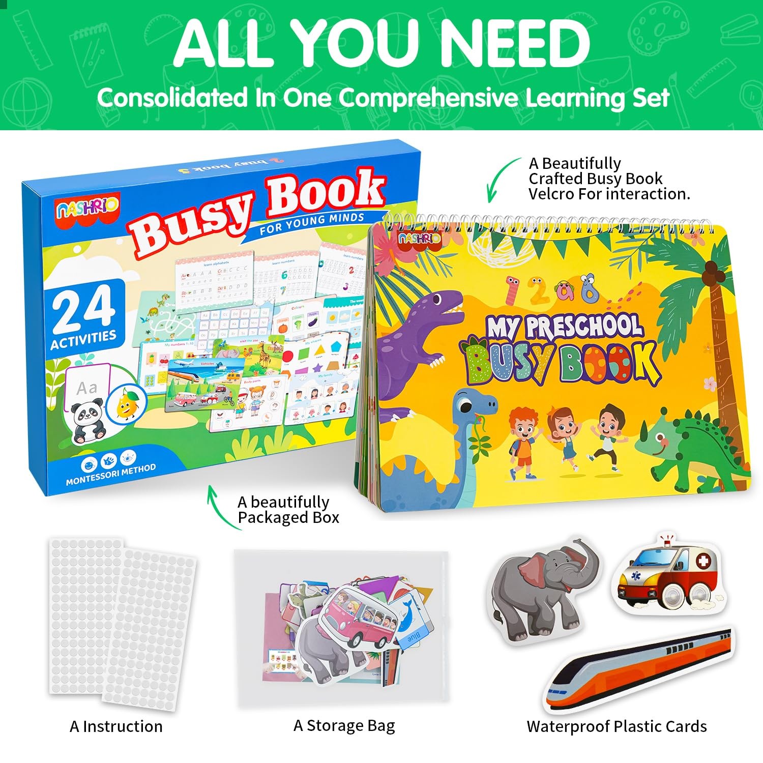 NASHRIO Montessori 24 Themes Busy Book for Toddlers 3-5, 8″ x 11″, Yellow
