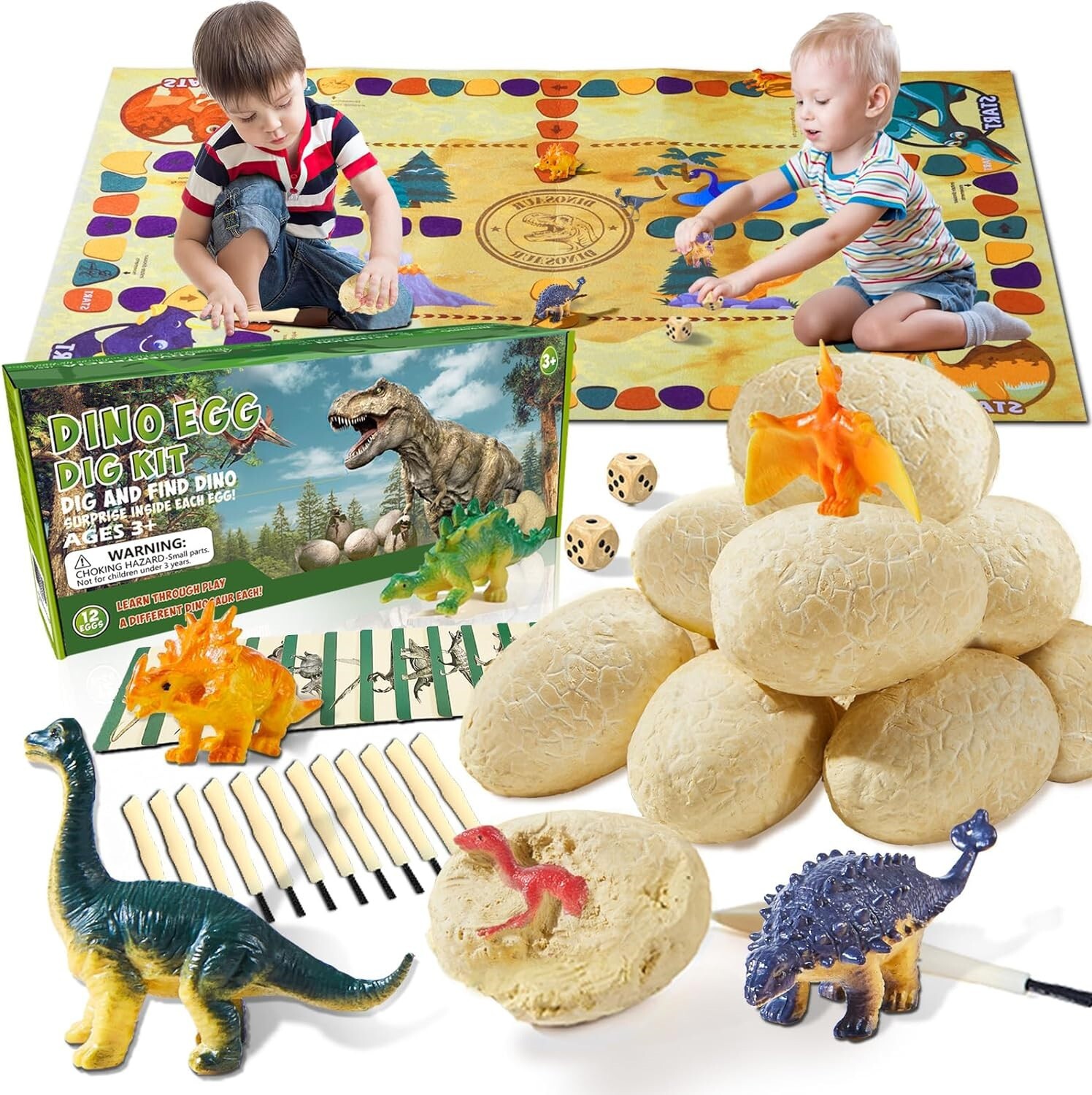 Dinosaur Eggs Dig Kit Toys – 12 Dino Fossil Eggs Excavation Kits with Game Mat