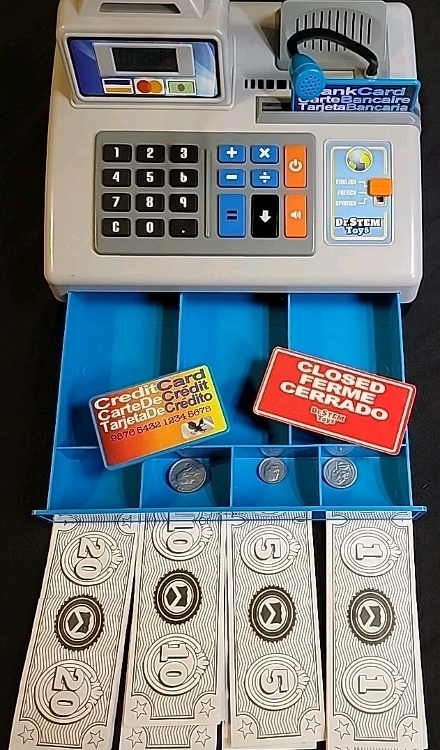 Dr. STEM Toys Talking Toy Cash Register Grey 3 Languages English Spanish French
