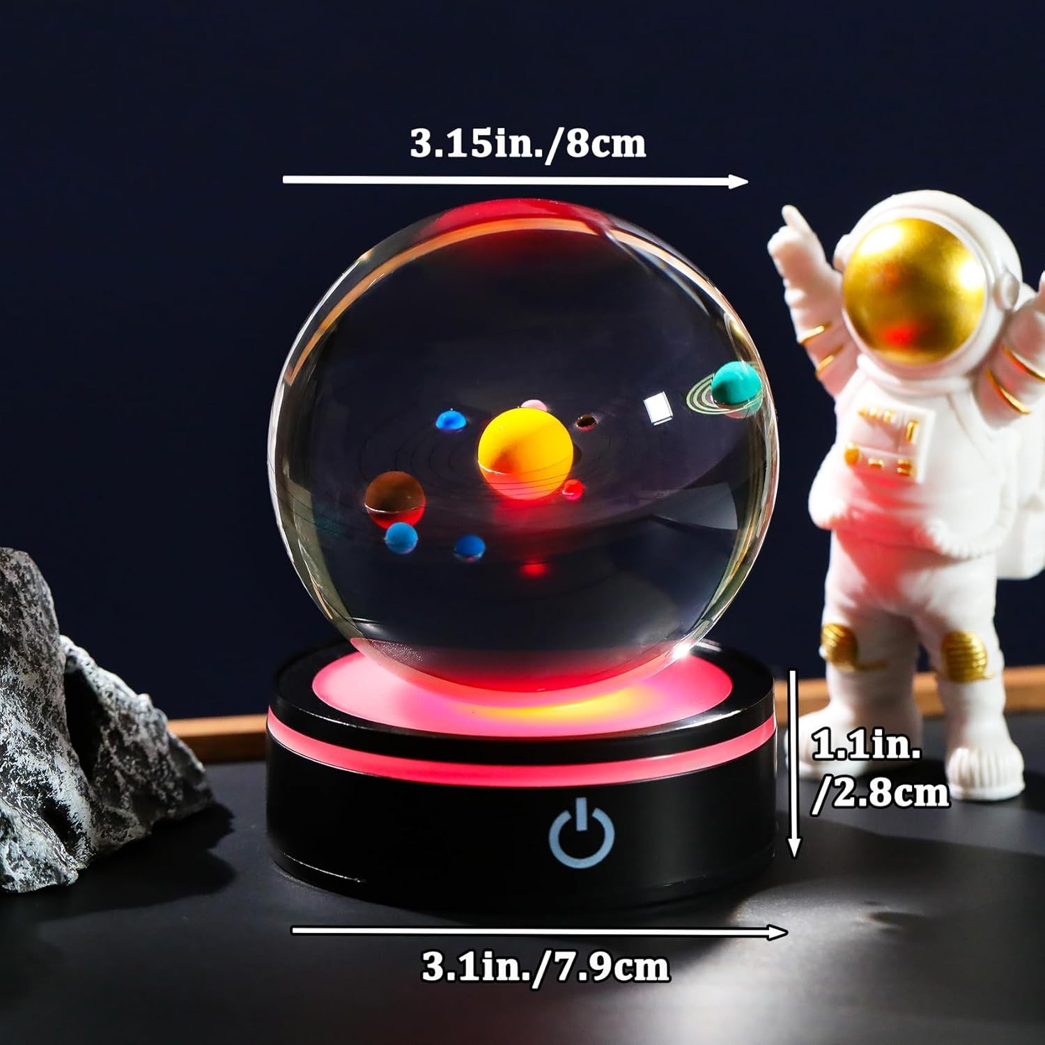 YWHL 3D Solar System Model Crystal Ball 80mm with Light Base, Planet Lamp Model