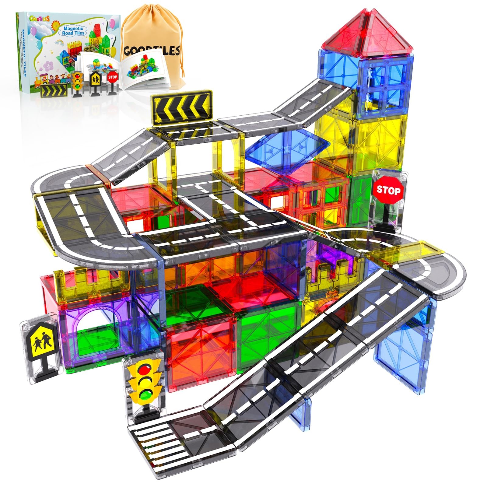 Magnetic Tiles Road Set – Building Blocks & Preschool Montessori STEM Toy Car
