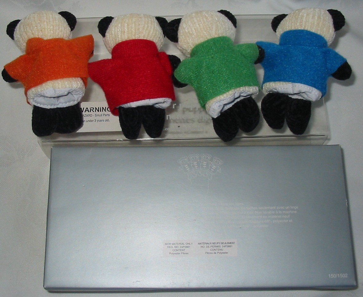 Vtg Pier I 4 Set Panda Cloth Finger Puppets Red Orange Green Blue Teaching Color