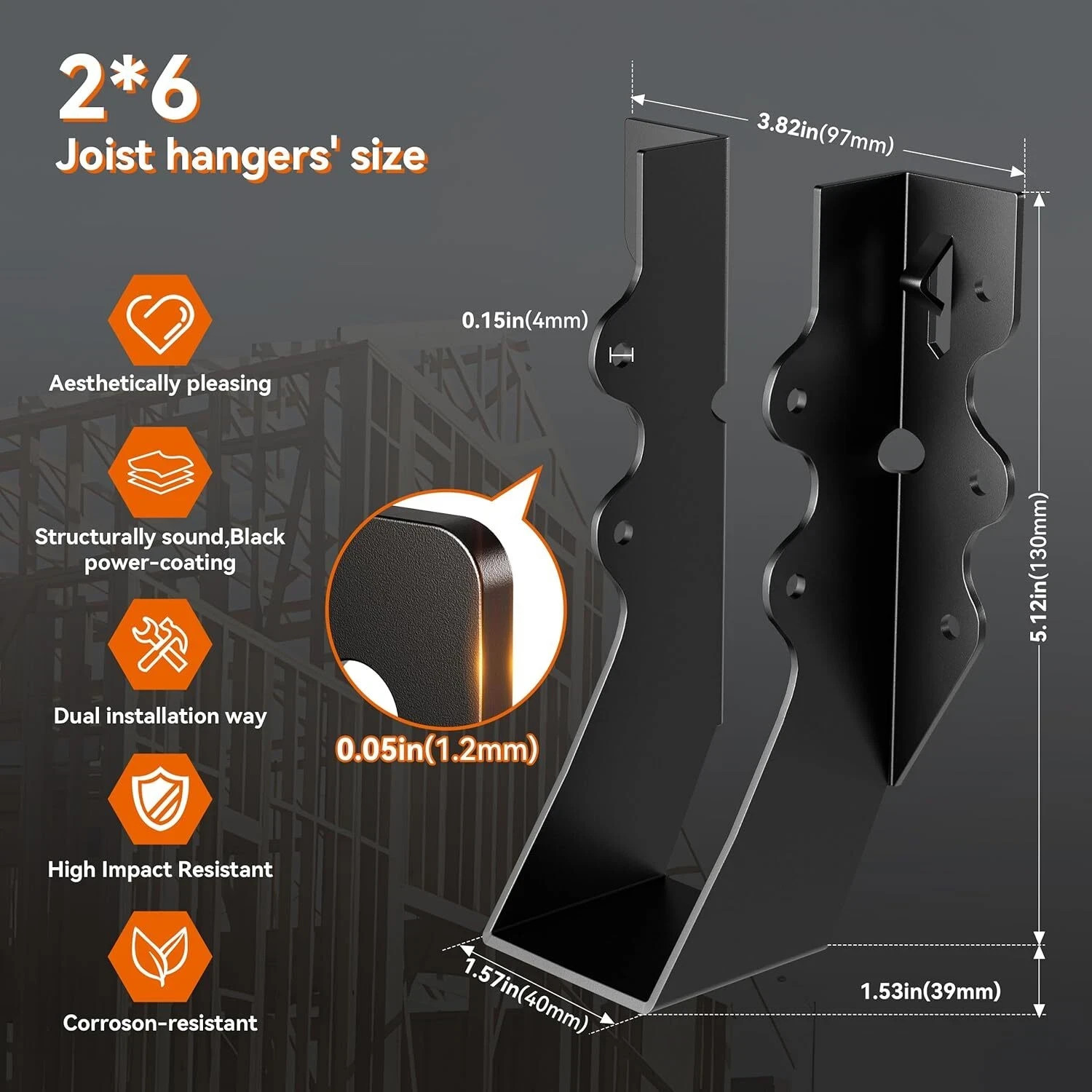 25 Pcs Black 2×6 Joist Hangers for Wood, Rafter Brackets, face Mount 2×6 Joist