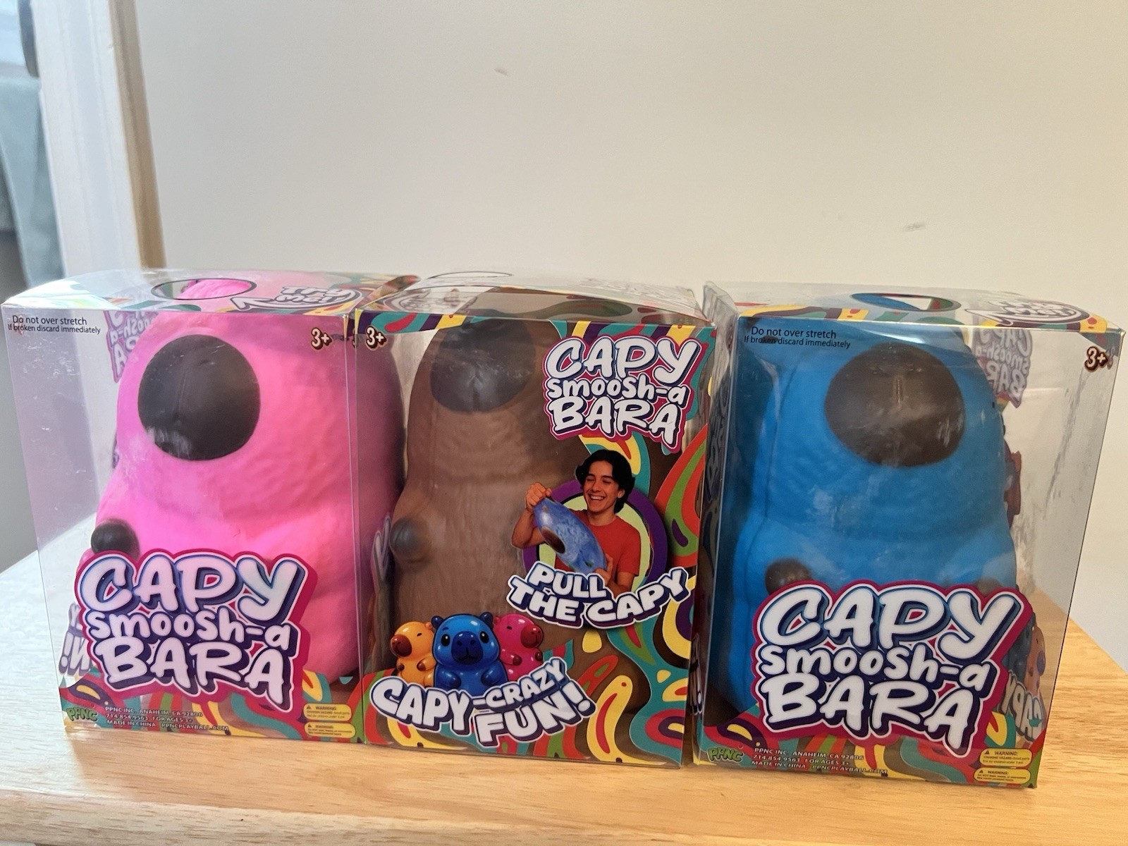 Lot of 3 Capy Smoosh-a-Bara Tactile Squeezy Toy Multicolor Pink Brown Blue