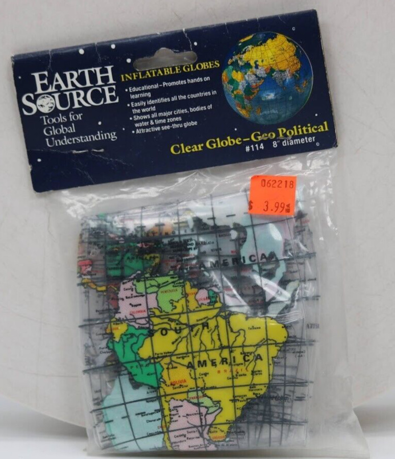 Earth Source NIP Inflatable World Earth Clear Globe-Geo Political #114 9″ Sealed