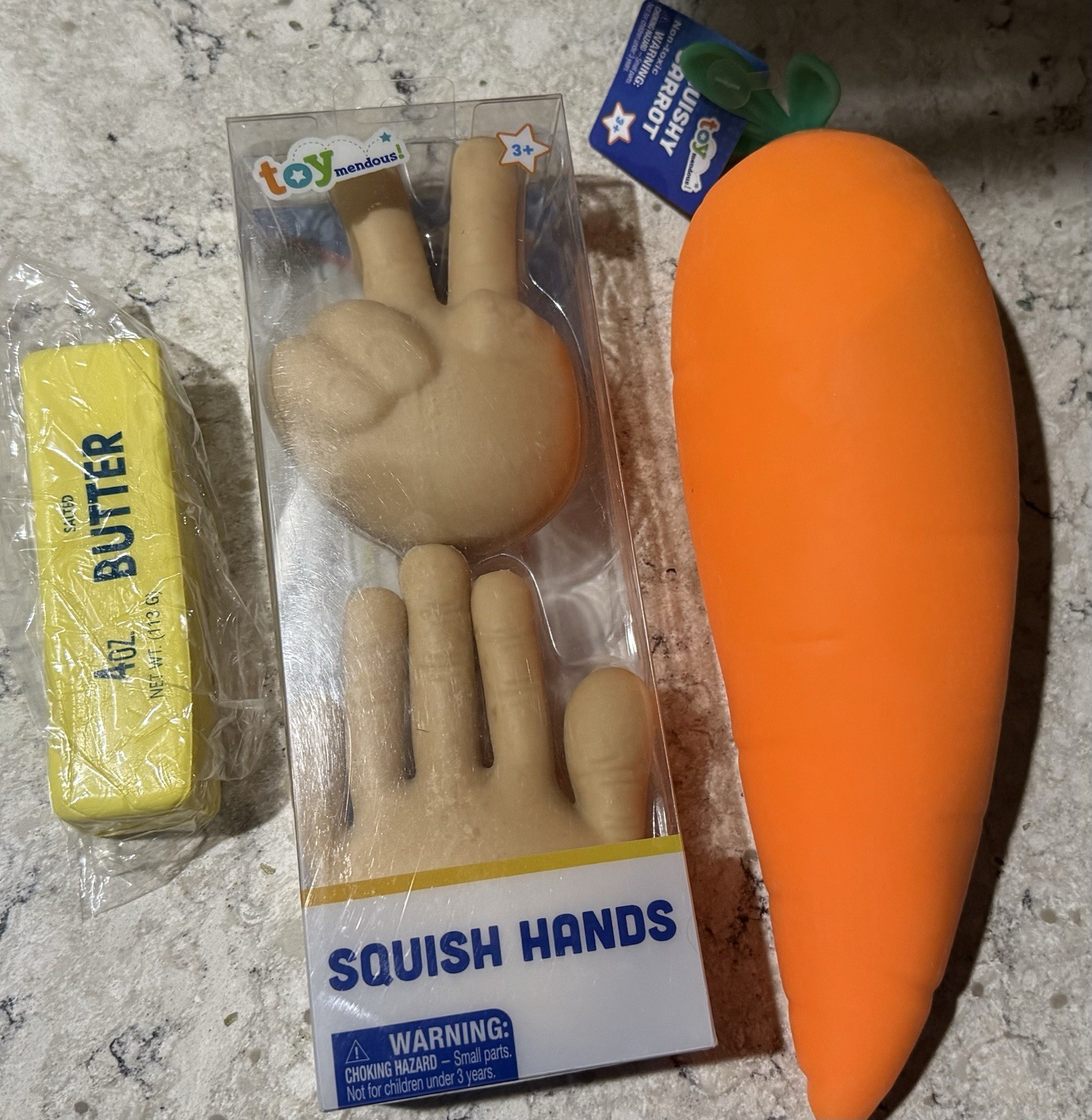 Lot of 3 Squish Toys Viral Butter, Toymendous Large Carrot Pair of Squishy Hands